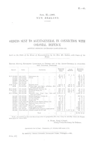 ORDERS SENT TO AGENT-GENERAL IN CONNECTION WITH COLONIAL DEFENCE (RETURN SHOWING ESTIMATED LIABILITIES ON).
