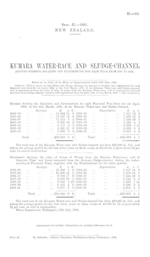 KUMARA WATER-RACE AND SLUDGE-CHANNEL (RETURN SHOWING RECEIPTS AND EXPENDITURE FOR EACH YEAR FROM 1884 TO 1891).