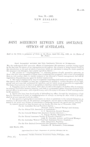 JOINT AGREEMENT BETWEEN LIFE ASSURANCE OFFICES OF AUSTRALASIA.
