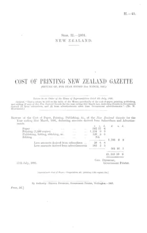 COST OF PRINTING NEW ZEALAND GAZETTE (RETURN OF, FOR YEAR ENDED 31st MARCH, 1891.)
