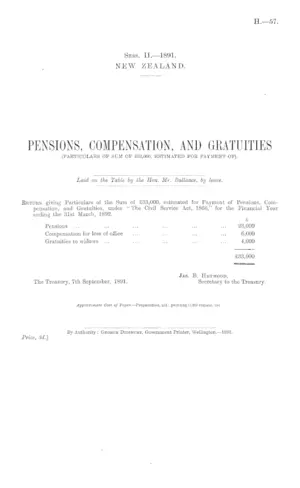 PENSIONS, COMPENSATION, AND GRATUITIES (PARTICULARS OF SUM OF Â£33,000, ESTIMATED FOR PAYMENT OF).