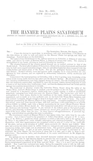 THE HANMER PLAINS SANATORIUM (REPORT ON PRESENT CONDITION AND FUTURE PROSPECTS OF), BY A. GINDERS, ESQ., M.D., OF ROTORUA.