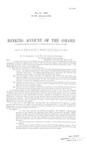 BANKING ACCOUNT OF THE COLONY (CORRESPONDENCE RELATING TO APPLICATION FOR A SHARE OF THE).