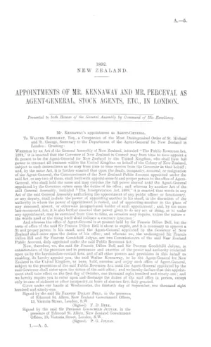 APPOINTMENTS OF MR. KENNAWAY AND MR. PERCEVAL AS AGENT-GENERAL, STOCK AGENTS, ETC., IN LONDON.