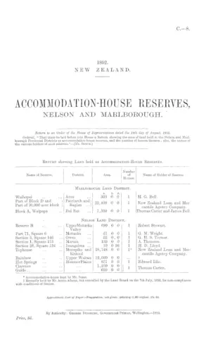 ACCOMMODATION-HOUSE RESERVES, NELSON AND MARLBOROUGH.