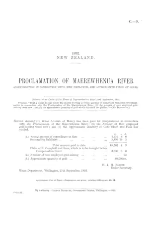 PROCLAMATION OF MAEREWHENUA RIVER (COMPENSATION IN CONNECTION WITH, MEN EMPLOYED, AND APPROXIMATE YIELD OF GOLD).