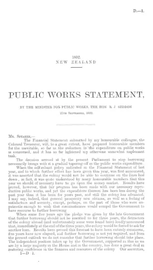 PUBLIC WORKS STATEMENT, BY THE MINISTER FOR PUBLIC WORKS, THE HON R.J. SEDDON 27th September, 1892.