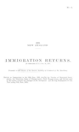 IMMIGRATION RETURNS. [In continuation of D.-5, Sess. II., 1891.]