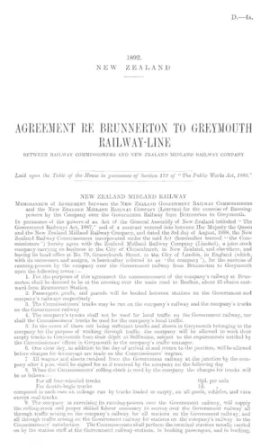 AGREEMENT RE BRUNNERTON TO GREYMOUTH RAILWAY-LINE BETWEEN RAILWAY COMMISSIONERS AND NEW ZEALAND MIDLAND RAILWAY COMPANY