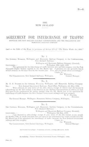 AGREEMENT FOR INTERCHANGE OF TRAFFIC BETWEEN THE NEW ZEALAND RAILWAY COMMISSIONERS AND THE WELLINGTON AND MANAWATU RAILWAY COMPANY