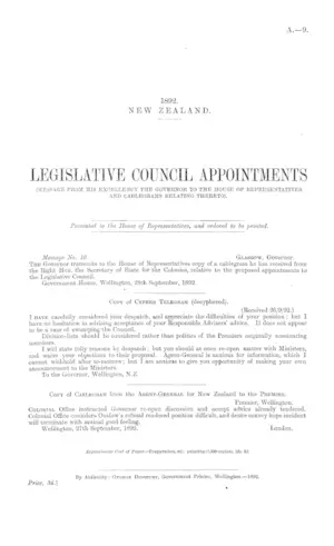 LEGISLATIVE COUNCIL APPOINTMENTS (MESSAGE FROM HIS EXCELLENCY THE GOVERNOR TO THE HOUSE OF REPRESENTATIVES AND CABLEGRAMS RELATING THERETO).