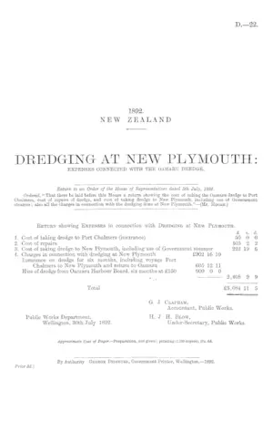 DREDGING AT NEW PLYMOUTH: EXPENSES CONNECTED WITH THE OAMARU DREDGE.