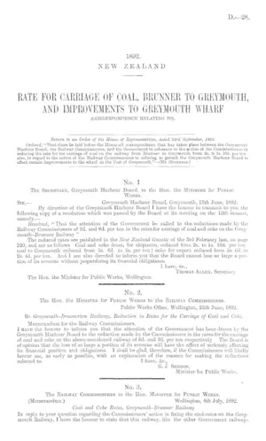 RATE FOR CARRIAGE OF COAL, BRUNNER TO GREYMOUTH, AND IMPROVEMENTS TO GREYMOUTH WHARF (CORRESPONDENCE RELATING TO).