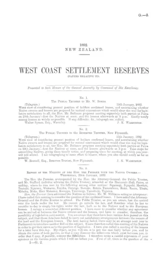 WEST COAST SETTLEMENT RESERVES (PAPERS RELATIVE TO).