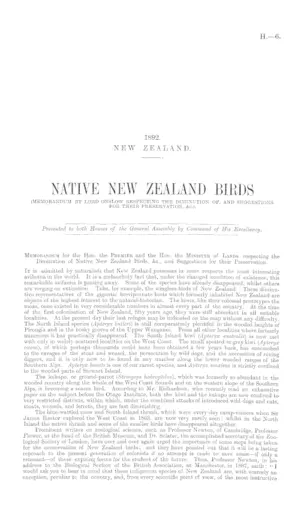 NATIVE NEW ZEALAND BIRDS (MEMORANDUM BY LORD ONSLOW RESPECTING THE DIMINUTION OF, AND SUGGESTIONS FOR THEIR PRESERVATION, &c.).