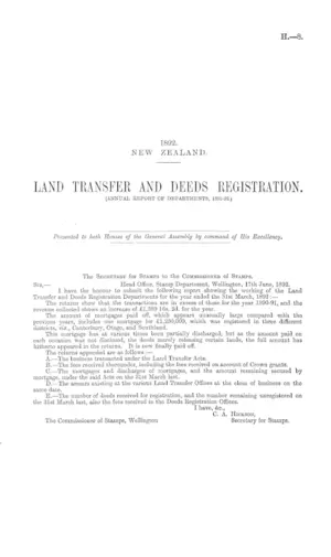 LAND TRANSFER AND DEEDS REGISTRATION. (ANNUAL REPORT OF DEPARTMENTS, 1891-92.)