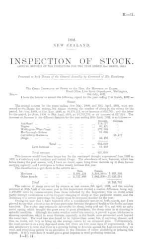 INSPECTION OF STOCK. (ANNUAL REPORTS OF THE INSPECTORS FOR THE YEAR ENDED 31st MARCH, 1892.)
