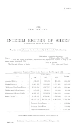 INTERIM RETURN OF SHEEP IN THE COLONY, ON THE 30th APRIL, 1892.