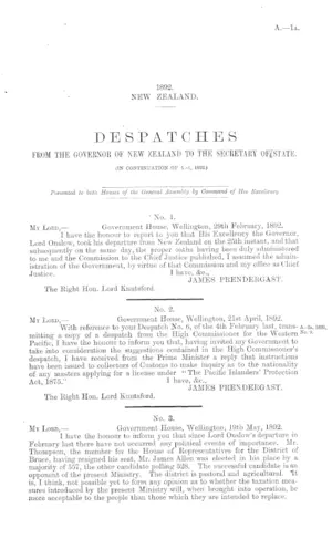 DESPATCHES FROM THE GOVERNOR OF NEW ZEALAND TO THE SECRETARY OF STATE. (IN CONTINUATION OF A.-1, 1892.)
