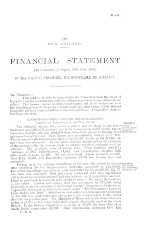 FINANCIAL STATEMENT (In Committee of Supply, 30th June, 1892) BY THE COLONIAL TREASURER, THE HONOURABLE MR. BALLANCE.