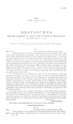 DESPATCHES FROM THE SECRETARY OF STATE TO THE GOVERNOR OF NEW ZEALAND. (IN CONTINUATION OF A.-2, 1892.)