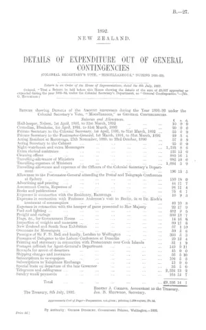 DETAILS OF EXPENDITURE OUT OF GENERAL CONTINGENCIES (COLONIAL SECRETARY'S VOTE, "MISCELLANEOUS," DURING 1891-92).