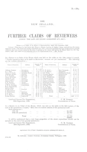 FURTHER CLAIMS OF REVIEWERS (UNDER "THE LAND AND INCOME ASSESSMENT ACT, 1892").