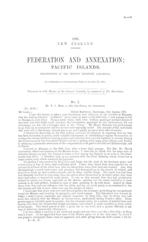 FEDERATION AND ANNEXATION: PACIFIC ISLANDS. PROCEEDINGS OF THE BRITISH RESIDENT, RAROTONGA.