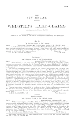 WEBSTER'S LAND-CLAIMS. [Continuation of A.-4, Session II., 1891.]