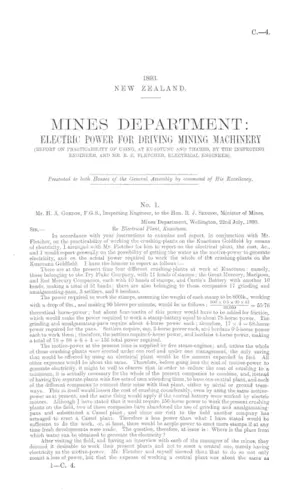 MINES DEPARTMENT: ELECTRIC POWER FOR DRIVING MINING MACHINERY (REPORT ON PRACTICABILITY OF USING, AT KUAOTUNU AND THAMES, BY THE INSPECTING ENGINEER, AND MR. R.E. FLETCHER, ELECTRICAL ENGINEER).