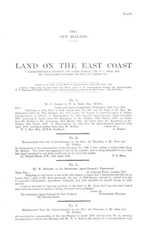 LAND ON THE EAST COAST (CORRESPONDENCE BETWEEN THE AGENT-GENERAL, MR. W. L. REES, AND MR. WILLOUGHBY MULLINS, RELATIVE TO TAKING UP).