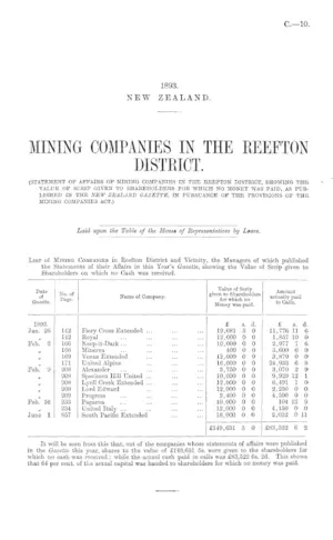 MINING COMPANIES IN THE REEFTON DISTRICT. (STATEMENT OF AFFAIRS OF MINING COMPANIES IN THE REEFTON DISTRICT, SHOWING THE VALUE OF SCRIP GIVEN TO SHAREHOLDERS FOR WHICH NO MONEY WAS PAID, AS PUBLISHED IN THE NEW ZEALAND GAZETTE, IN PURSUANCE OF THE PROVISIONS OF THE MINING COMPANIES ACT.)