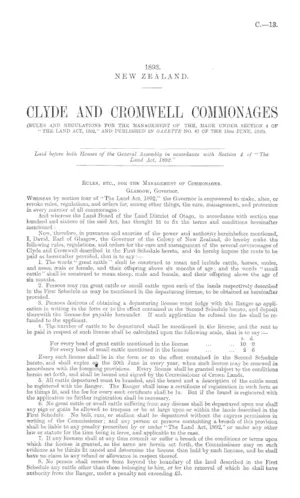 CLYDE AND CROMWELL COMMONAGES (RULES AND REGULATIONS FOR THE MANAGEMENT OF THE, MADE UNDER SECTION 4 OF "THE LAND ACT, 1892," AND PUBLISHED IN GAZETTE NO. 47 OF THE 15th JUNE, 1893).