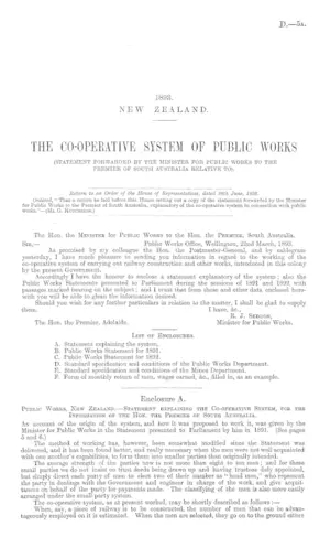THE CO-OPERATIVE SYSTEM OF PUBLIC WORKS (STATEMENT FORWARDED BY THE MINISTER FOR PUBLIC WORKS TO THE PREMIER OF SOUTH AUSTRALIA RELATIVE TO).