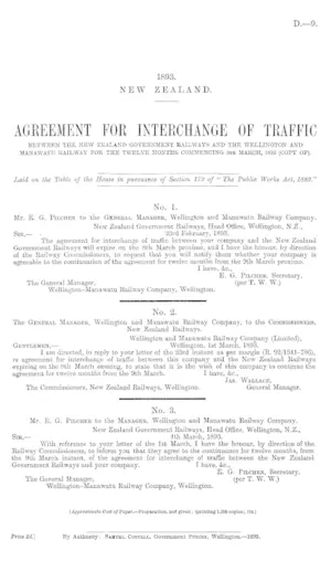 AGREEMENT FOR INTERCHANGE OF TRAFFIC BETWEEN THE NEW ZEALAND GOVERNMENT RAILWAYS AND THE WELLINGTON AND MANAWATU RAILWAY FOR THE TWELVE MONTHS COMMENCING 9th MARCH, 1893 (COPY OF).