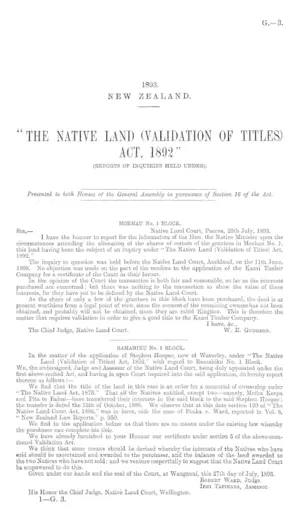 "THE NATIVE LAND (VALIDATION OF TITLES) ACT, 1892" (REPORTS OF INQUIRIES HELD UNDER).