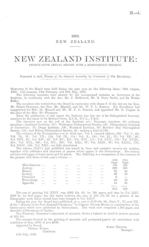 NEW ZEALAND INSTITUTE: TWENTY-FIFTH ANNUAL REPORT, WITH A MEMORANDUM THERETO.