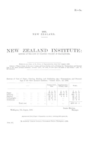 NEW ZEALAND INSTITUTE: RETURN OF THE COST OF PRINTING VOLUME OF TRANSACTIONS.