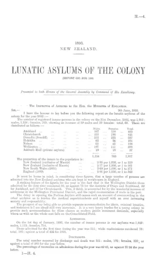 LUNATIC ASYLUMS OF THE COLONY (REPORT ON) FOR 1892.