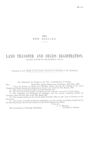 LAND TRANSFER AND DEEDS REGISTRATION. (ANNUAL REPORT OF DEPARTMENTS, 1892-93.)