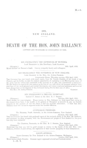 DEATH OF THE HON. JOHN BALLANCE (LETTERS AND TELEGRAMS OF CONDOLENCE ON THE).
