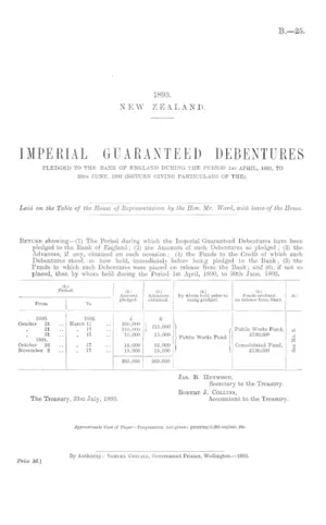 IMPERIAL GUARANTEED DEBENTURES PLEDGED TO THE BANK OF ENGLAND DURING THE PERIOD 1st APRIL, 1890, TO 30th JUNE, 1893 (RETURN GIVING PARTICULARS OF THE).