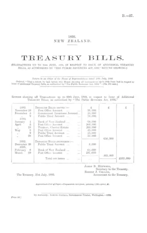 TREASURY BILLS. (TRANSACTIONS UP TO 30th JUNE, 1893, IN RESPECT TO ISSUE OF ADDITIONAL TREASURY BILLS, AS AUTHORISED BY "THE PUBLIC REVENUES ACT, 1892," RETURN SHOWING.)