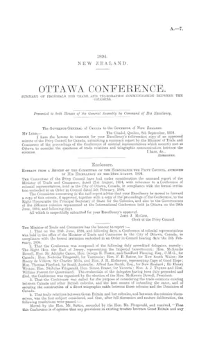 OTTAWA CONFERENCE. SUMMARY OF PROPOSALS FOR TRADE AND TELEGRAPHIC COMMUNICATION BETWEEN THE COLONIES.