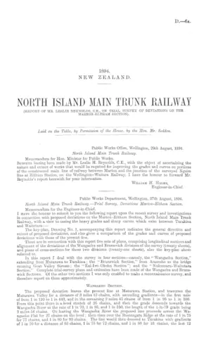 NORTH ISLAND MAIN TRUNK RAILWAY (REPORT OF MR. LESLIE REYNOLDS, C.E., ON TRIAL SURVEY OF DEVIATIONS ON THE MARTON-ELTHAM SECTION).