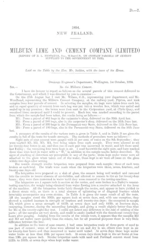 MILBURN LIME AND CEMENT COMPANY (LIMITED) (REPORT OF R.L. MESTAYER, Esq., M.Inst.C.E., ON CERTAIN PARCELS OF CEMENT SUPPLIED TO THE GOVERNMENT BY THE).
