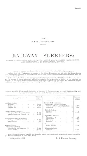 RAILWAY SLEEPERS: NUMBER OF SLEEPERS ON HAND ON THE 31st AUGUST, 1894; LOCALITIES WHERE STACKED; ALSO PARTICULARS AS TO CONTRACTS FOR, AND COST.
