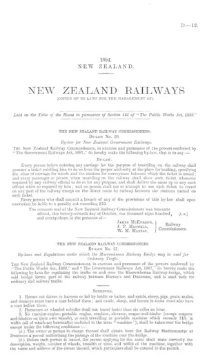 NEW ZEALAND RAILWAYS (COPIES OF BY-LAWS FOR THE MANAGEMENT OF).