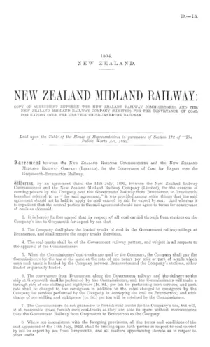 NEW ZEALAND MIDLAND RAILWAY: COPY OF AGREEMENT BETWEEN THE NEW ZEALAND RAILWAY COMMISSIONERS AND THE NEW ZEALAND MIDLAND RAILWAY COMPANY (LIMITED) FOR THE CONVEYANCE OF COAL FOR EXPORT OVER THE GREYMOUTH-BRUNNERTON RAILWAY.