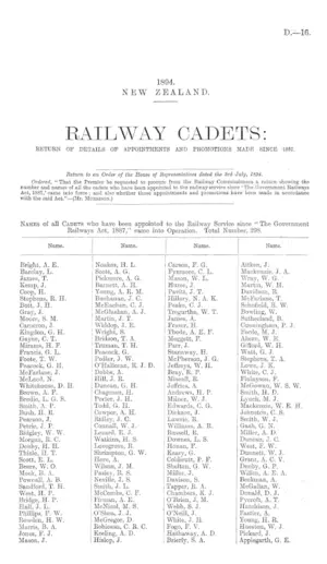 RAILWAY CADETS: RETURN OF DETAILS OF APPOINTMENTS AND PROMOTIONS MADE SINCE 1887.